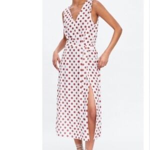 ZARA Polka Dot V Neck Midi Dress White Red Belted Side Slit Sz L valentine's day